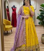 yellow silk blend embroidered Wedding lehenga choli