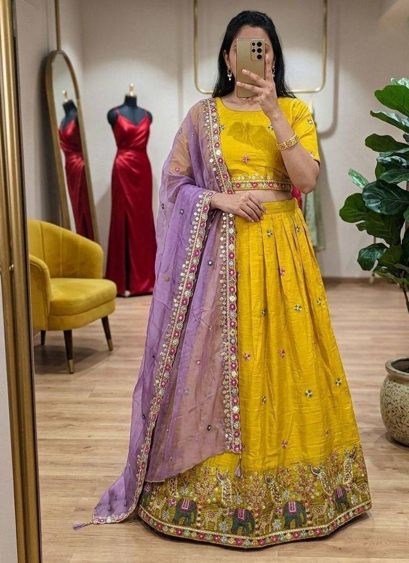 yellow silk blend embroidered Wedding lehenga choli