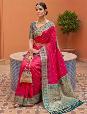 Pink soft silk blend saree with zari weaving meenakari design 3