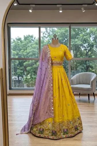 yellow silk blend embroidered Wedding lehenga choli
