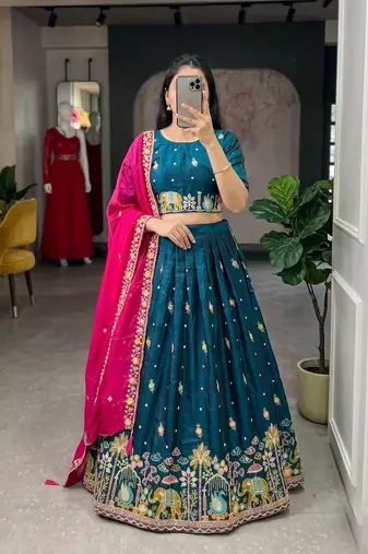 teal silk blend embroidered Wedding lehenga choli