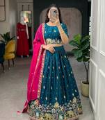 teal silk blend embroidered Wedding lehenga choli