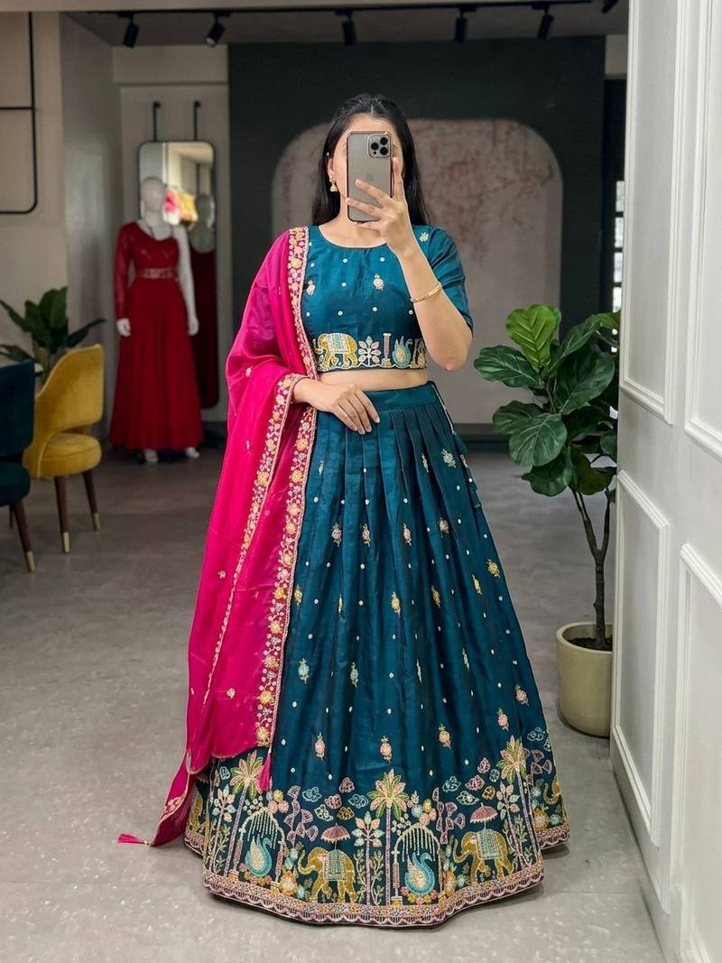 teal silk blend embroidered Wedding lehenga choli