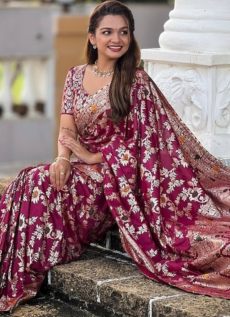 soft dolla silk with zari weaving meenakari design saree with blouse