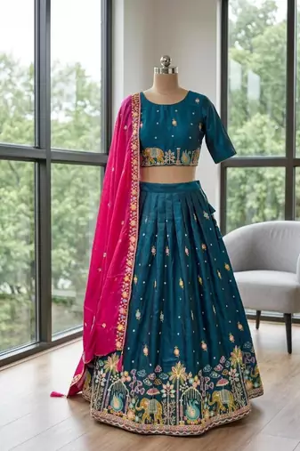 teal silk blend embroidered Wedding lehenga choli