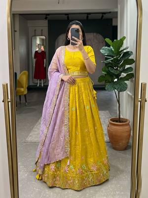 lavender silk blend embroidered wedding lehenga choli with free size upto 44 1
