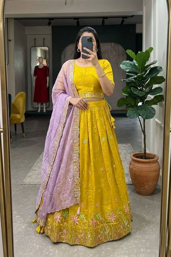 lavender silk blend embroidered wedding lehenga choli with free size upto 44