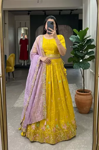 lavender silk blend embroidered Wedding lehenga choli