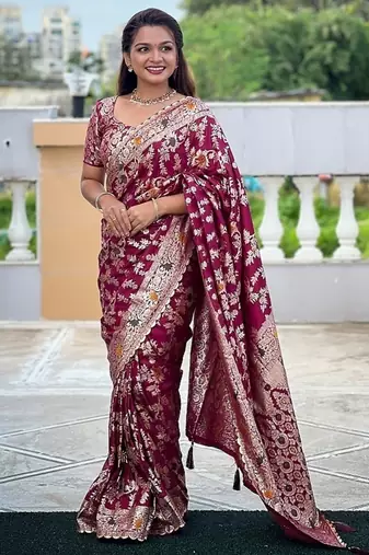 soft dolla silk with zari weaving meenakari design saree with blouse
