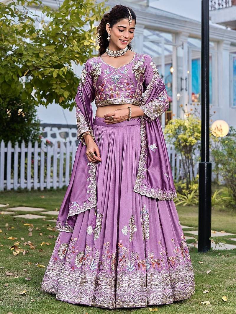 lavender silk blend embroidered Wedding lehenga choli
