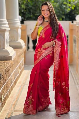 soft dolla silk with zari weaving meenakari design saree with blouse