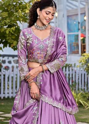 lavender silk blend embroidered wedding lehenga choli with free size upto 44 3