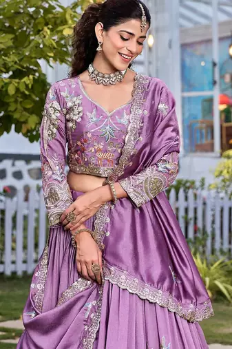 lavender silk blend embroidered Wedding lehenga choli