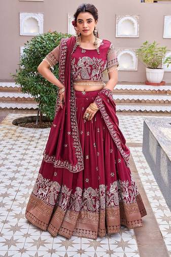 maroon silk blend embroidered wedding lehenga choli with free size upto 44