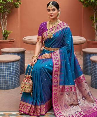 Teal soft silk blend saree with zari weaving meenakari design 3