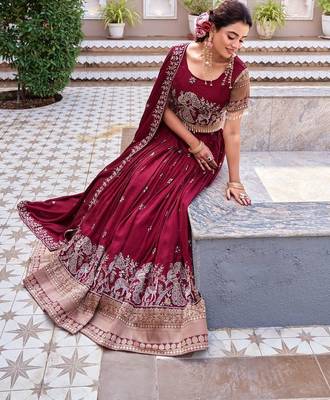 maroon silk blend embroidered wedding lehenga choli with free size upto 44 2
