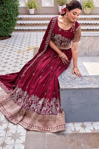 maroon silk blend embroidered Wedding lehenga choli