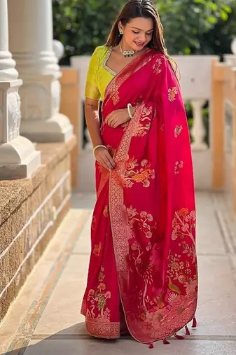 soft dolla silk with zari weaving meenakari design saree with blouse