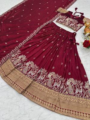 maroon silk blend embroidered wedding lehenga choli with free size upto 44 3