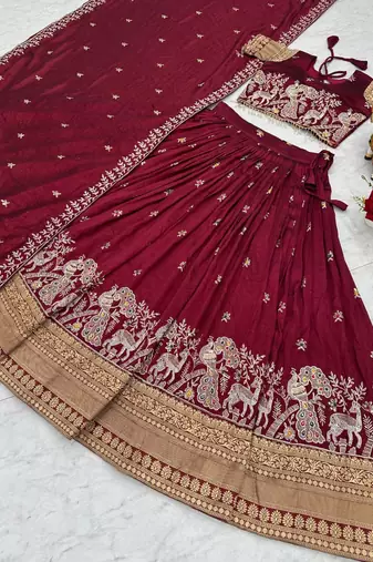 maroon silk blend embroidered Wedding lehenga choli