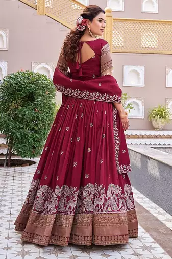 maroon silk blend embroidered Wedding lehenga choli