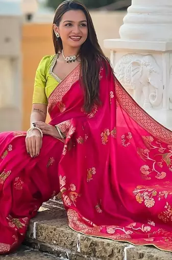 soft dolla silk with zari weaving meenakari design saree with blouse