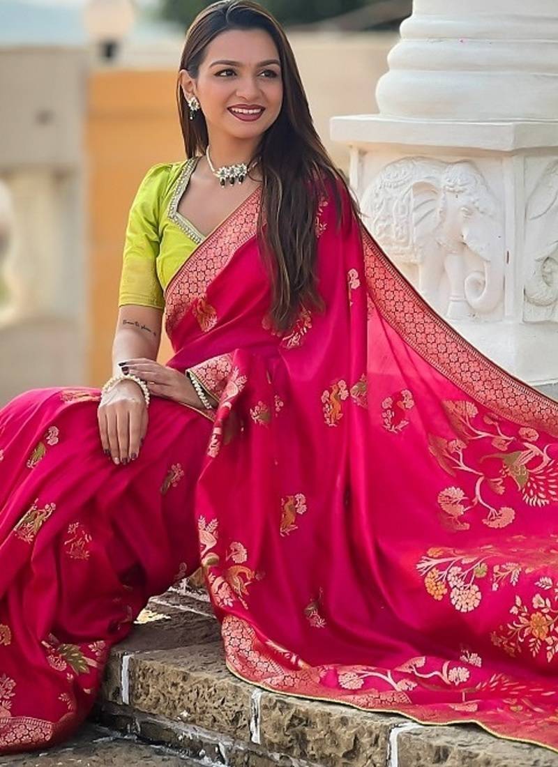 soft dolla silk with zari weaving meenakari design saree with blouse