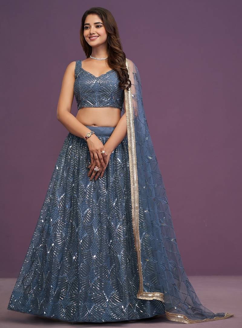 grey net embroidered Bridal lehenga choli