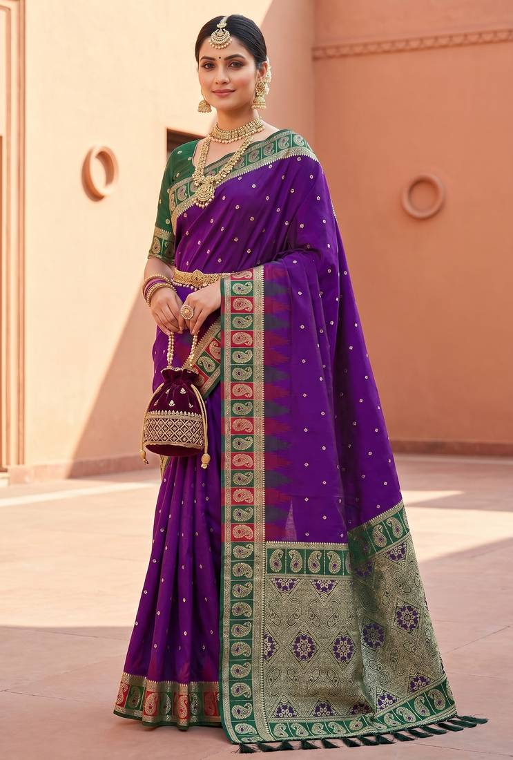 Violet soft silk blend saree with zari weaving meenakari design