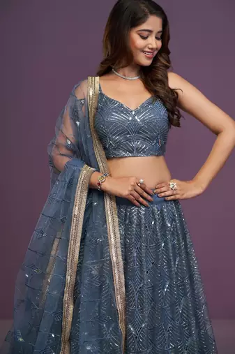 grey net embroidered Bridal lehenga choli