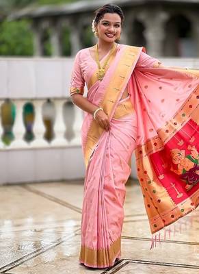 baby pink soft paithani style silk blend with meenakari border and lord ganesha pallu saree 1