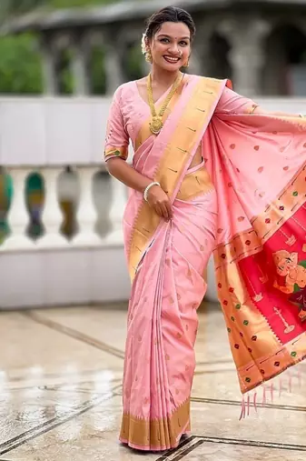 baby pink soft paithani style silk blend with meenakari border and lord ganesha pallu saree