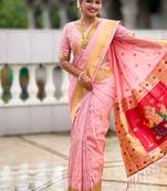 baby pink soft paithani style silk blend with meenakari border and lord ganesha pallu saree