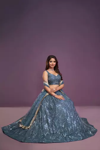 grey net embroidered Bridal lehenga choli