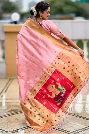 baby pink soft paithani style silk blend with meenakari border and lord ganesha pallu saree
