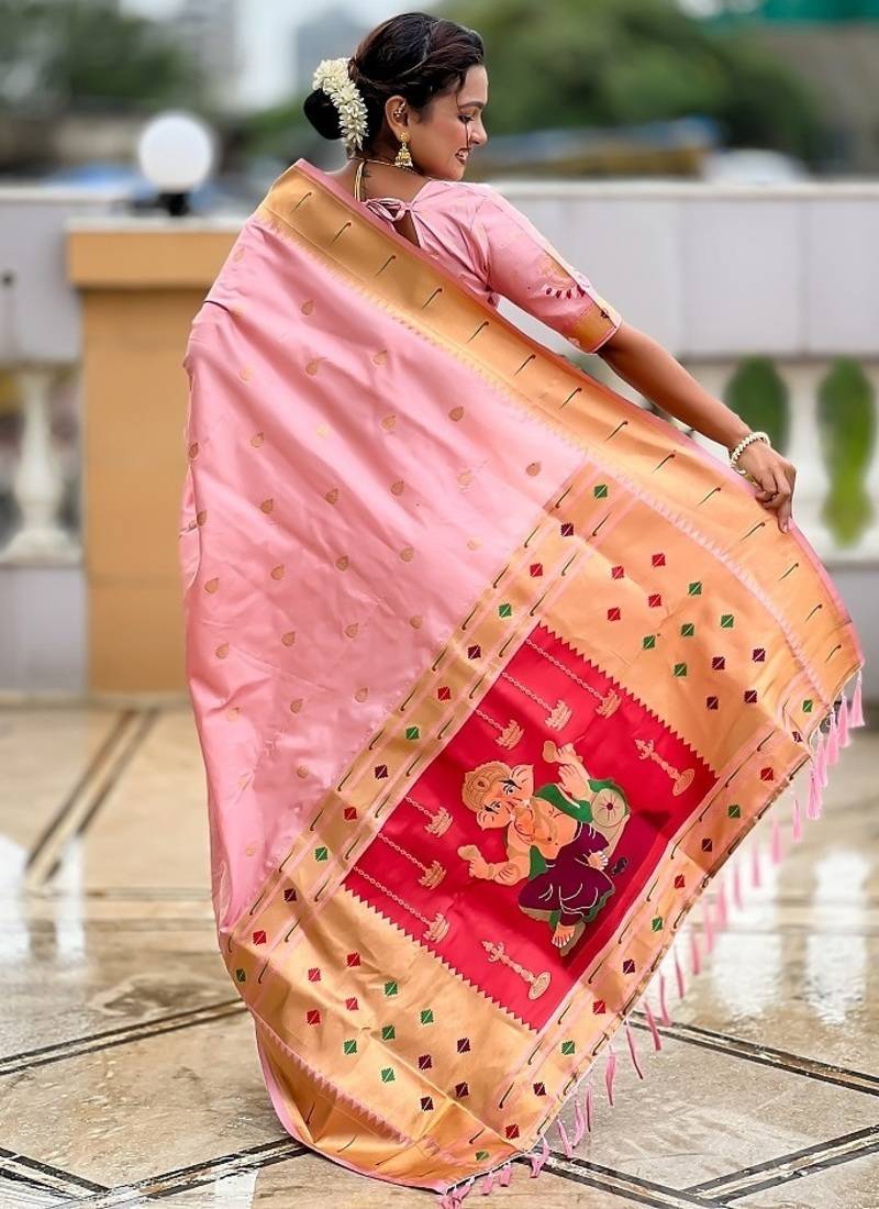 baby pink soft paithani style silk blend with meenakari border and lord ganesha pallu saree