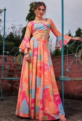 multicolor georgette printed diwali lehenga choli with free size upto 42 1