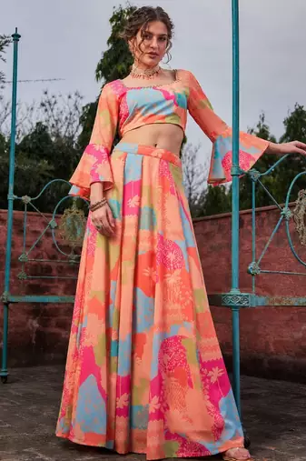 multicolor georgette printed Diwali lehenga choli