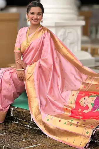 baby pink soft paithani style silk blend with meenakari border and lord ganesha pallu saree