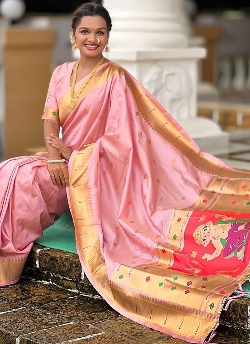 baby pink soft paithani style silk blend with meenakari border and lord ganesha pallu saree