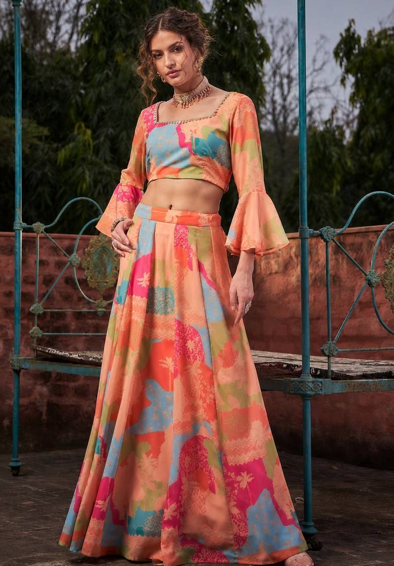 multicolor georgette printed Diwali lehenga choli