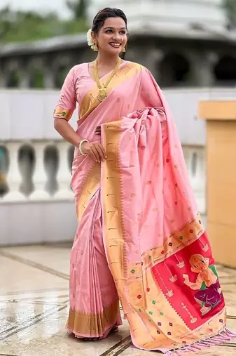 baby pink soft paithani style silk blend with meenakari border and lord ganesha pallu saree