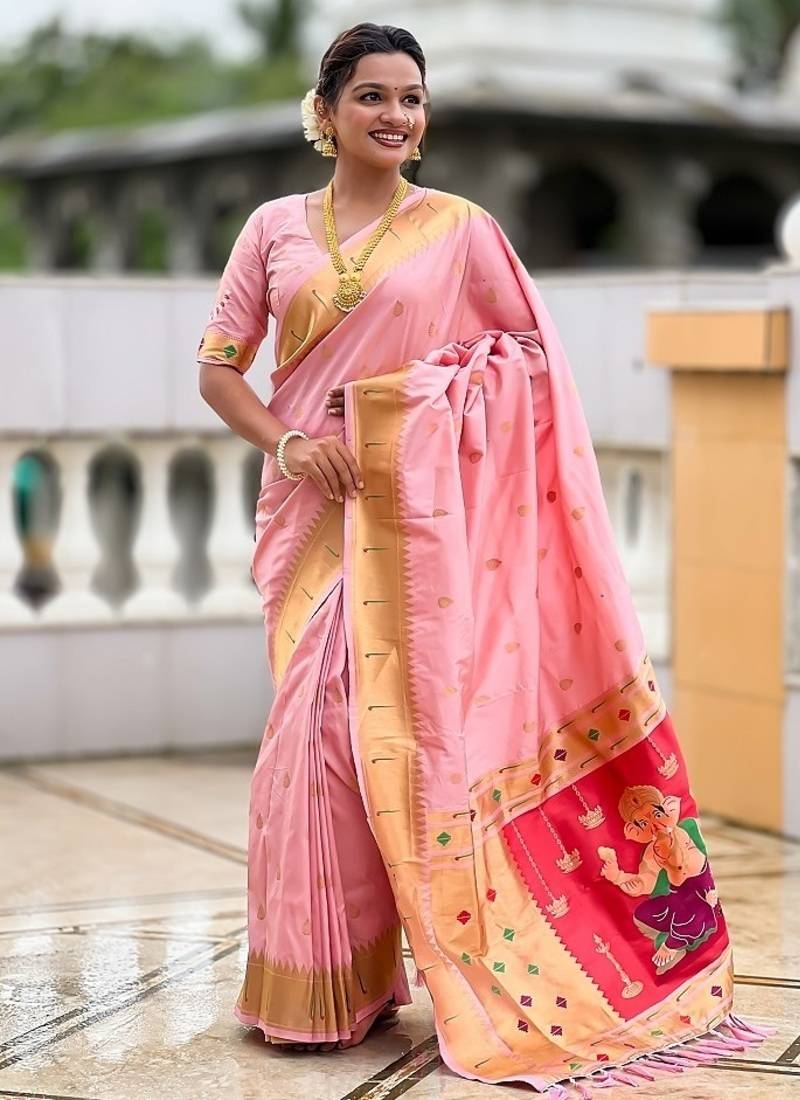baby pink soft paithani style silk blend with meenakari border and lord ganesha pallu saree