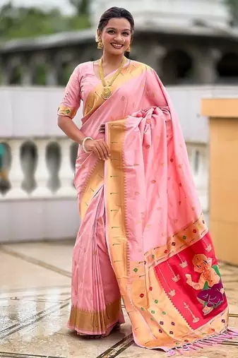 baby pink soft paithani style silk blend with meenakari border and lord ganesha pallu saree