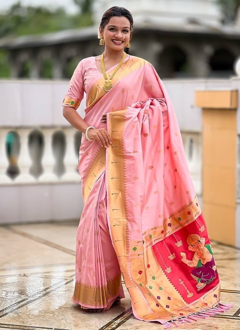 baby pink soft paithani style silk blend with meenakari border and lord ganesha pallu saree