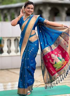 firozi soft paithani style silk blend with meenakari border and lord ganesha pallu saree 1