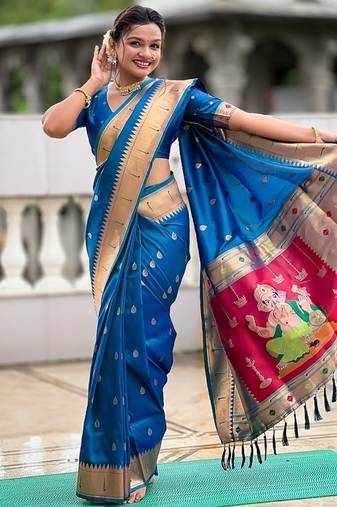 firozi soft paithani style silk blend with meenakari border and lord ganesha pallu saree