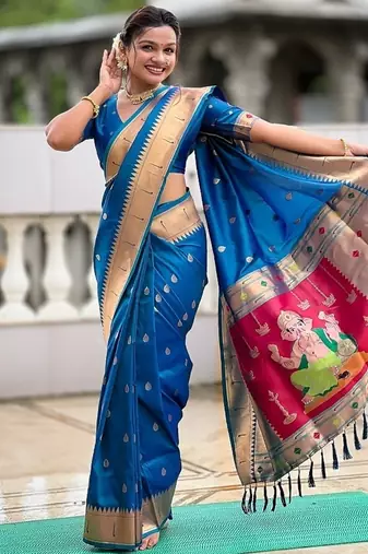 firozi soft paithani style silk blend with meenakari border and lord ganesha pallu saree