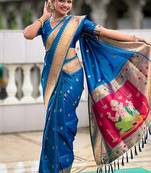 firozi soft paithani style silk blend with meenakari border and lord ganesha pallu saree