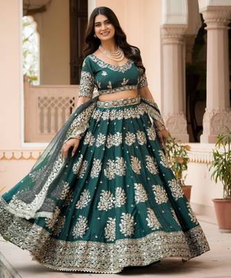 green crepe embroidered wedding lehenga choli with free size upto 44 1